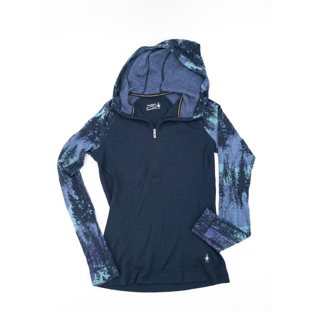 Smartwool Womens M Hoodie Sweatshirt Pull Over 1/4 Zip Blue With Tree Detail